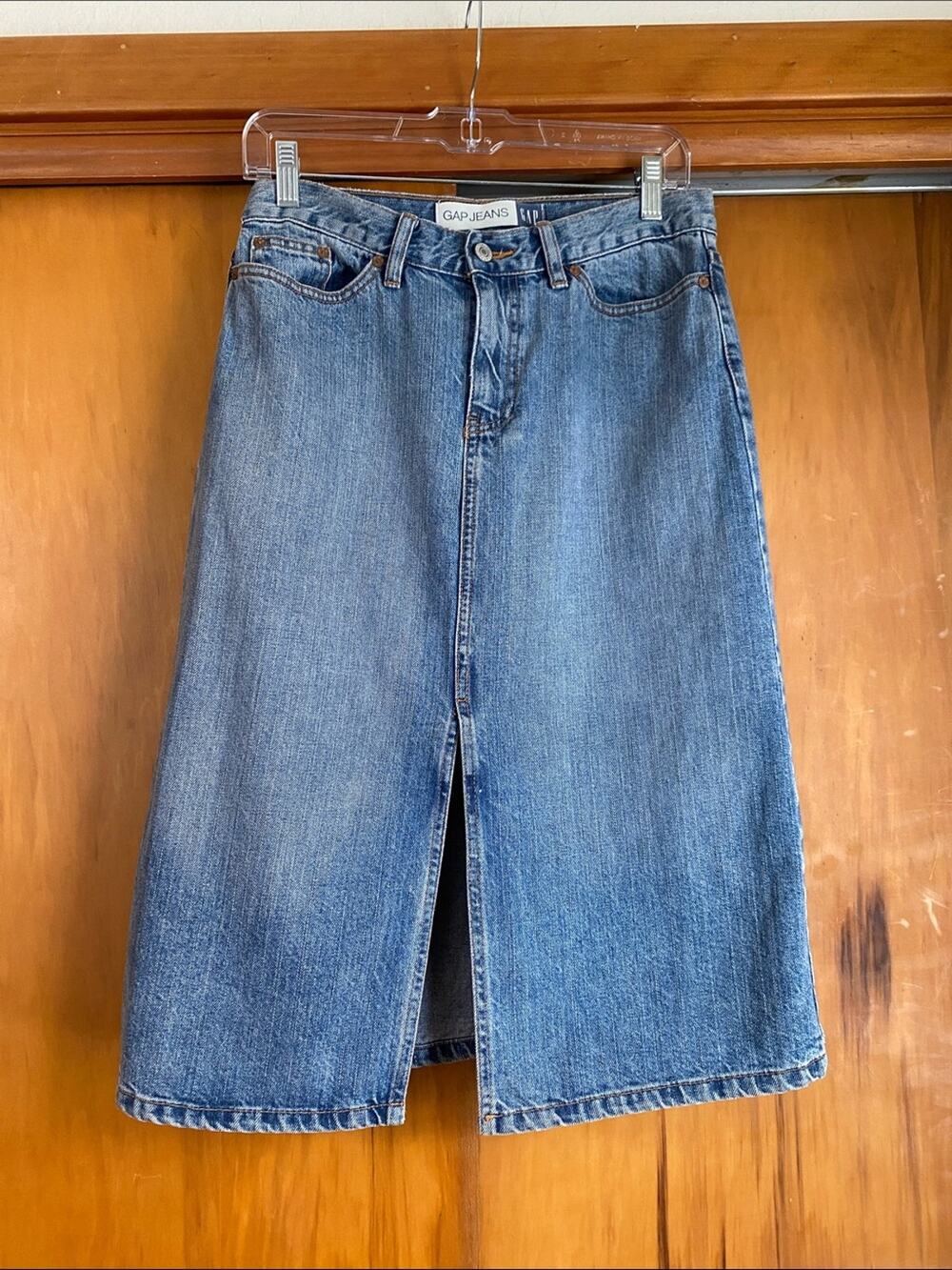 VTG 2001 GAP Blue Denim Midi Jean Skirt Front Slit Classic Americana Y2K Casual